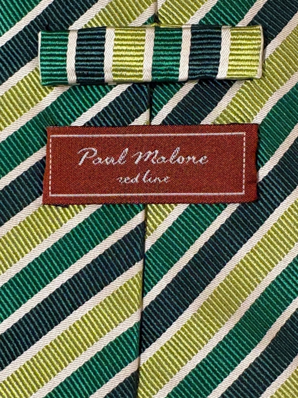 Paul Malone Red Line Silk Tie & Pocket Square Set Green Navy Blue Striped